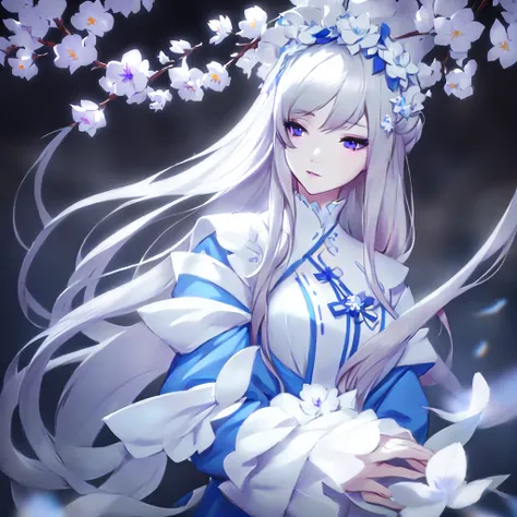 anime girl with long white hair and blue dress with white flowers, violet eyes., detailed fanart, [ artedigital 4k ]!!, highly d...