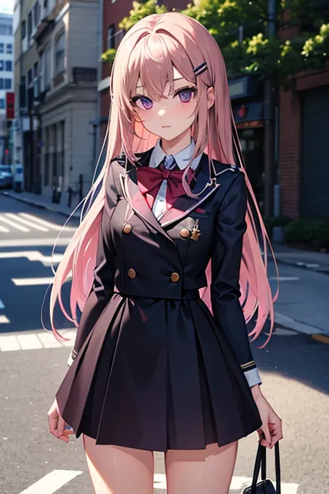 2d, work of art, best qualityer, アニメ, highy detailed, 1 girl, standing alone, purples eyes, dark blonde hair, hair between the eyes, hair clip, schoolar uniform, Yandere face, looking ahead at viewer 