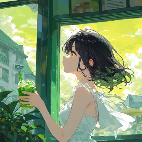 1girl, black hair, white dress, coffee shop, outside the window is the green soda-colored sky, white clouds, green, nostalgia, s...