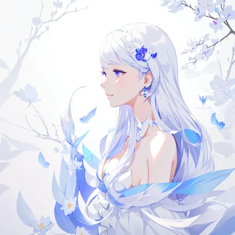 anime girl with long white hair and blue dress with white flowers, violet eyes, smile., detailed fanart, [ artedigital 4k ]!!, h...