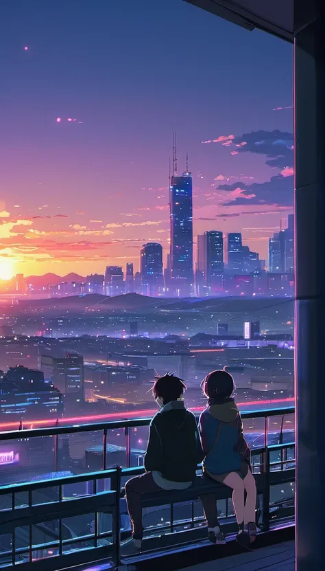 anime couple sitting on a balcony watching the sunset, watching the sunset. anime, lofi artstyle, anime background art, anime st...