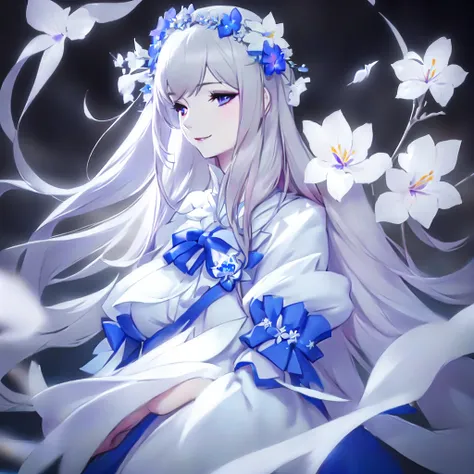 anime girl with long white hair and blue dress with white flowers, violet eyes, smile., detailed fanart, [ artedigital 4k ]!!, h...