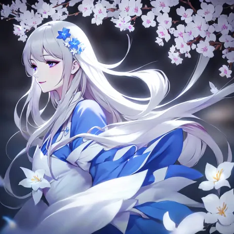 anime girl with long white hair and blue dress with white flowers, violet eyes, smile., detailed fanart, [ artedigital 4k ]!!, h...