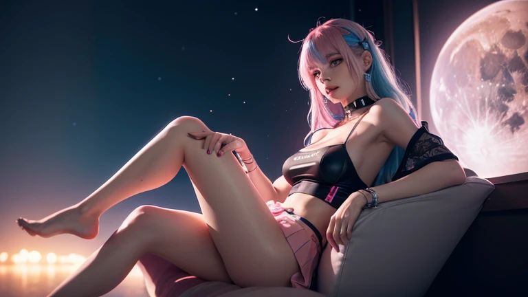 egirl as harlequin nude, long pink and blue hair with a choker in the background, synth wave color palette, trend in artstation, trend on CGSociety, Intricate, High detail, sharp focus, dramatic, full body shot with tight t-shirt and pleated skirt lying in...