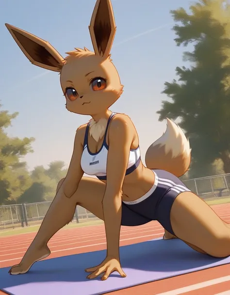 alone, score_9,score_8_up,score_7_up, anthro female eevee, sports bra, sport panties, yoga pose, outdoors.