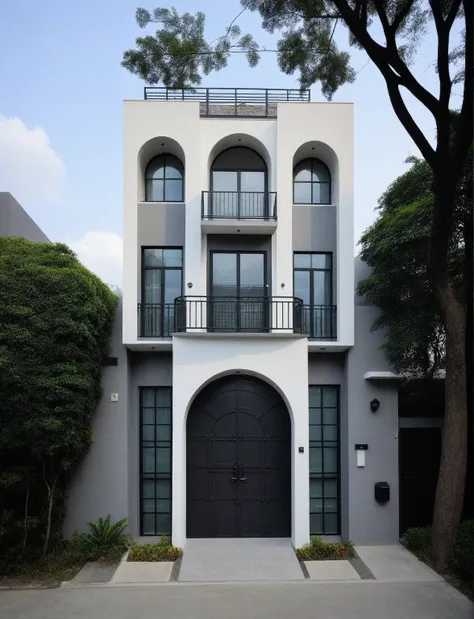 raw photo, a photo of a modern house, (curvilinear chrchitecture:1.4), wabisabi style rounded wall, white wall, steel dark gate,...