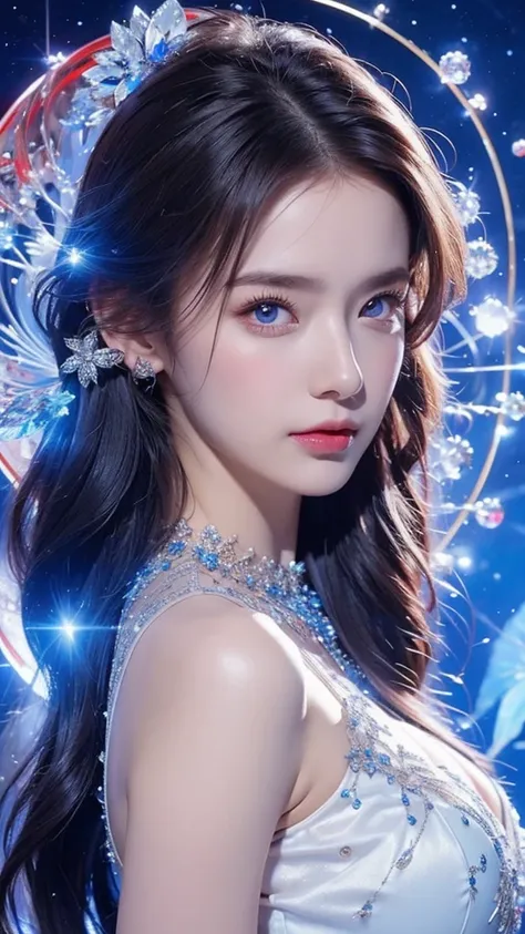 Witch woman，Conservative dress，Ion Rainbow，Blue Crane，Dressed in blue, red and white princess dress，Upper body close-up，Close-up photo，jewelry，Big Breasts、Vision of Heaven and Earth，Magic crystal ball，The Milky Way in the background，solar system、