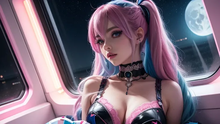 egirl as harlequin, long pink and blue hair with a choker in the background, synth wave color palette, trending on artstation, trending on CGSociety, Intricate, High detail, sharp focus, dramatic, full body shot dressed in lace in a ship on the moon lookin...