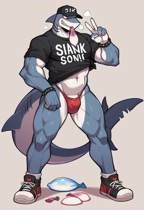 Highest quality、The character is a hybrid of a shark and a lizard.、Shark fin on head、bald、Put on a cap、Oversized shirt、High leg underwear、Thong Panties、sneakers、cyber punk、male、Skimpy、Used condoms scattered around、Nightclub、Chew a used condom in your mouth...