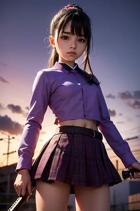 12-year-old girl wearing lilac plaid and torn Catholic uniform miniskirt in a Mexican town on the night of the dead armed with a samurai sword