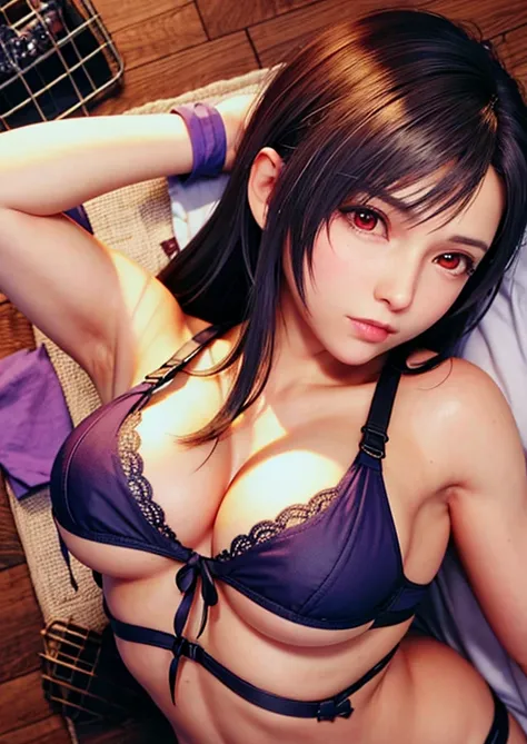 FF7,Tifa,Lie down on the bar counter,Looking at this,Looking at the camera,From above,Purple Lingerie,Black hair,Long Hair,Tie it under your hair,Beautiful image quality 32K,Sleep on your back,Spread your legs,Thin fabric underwear,Big Breasts,Red Eyes,Org...