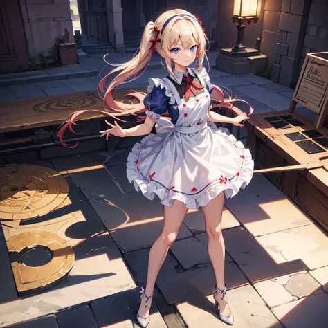 (Tabletop, Highest quality), (Perfect Anatomy:1.2), (Fine hair), Very detailed, Anime Style, whole body, alone, Fantasy Blonde Hair, Blue Eyed Girl, Apron dress like Alice in Wonderland, Playing cards with your hands, Red Hairband, Black-purple miasma swir...