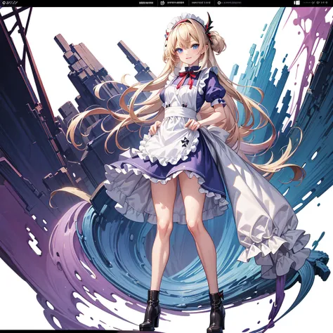 (Tabletop, Highest quality), (Perfect Anatomy:1.2), (Fine hair), Very detailed, Anime Style, whole body, alone, Fantasy Blonde Hair, Blue Eyed Girl, Apron dress like Alice in Wonderland, Playing cards with your hands, Red Hairband, Black-purple miasma swir...