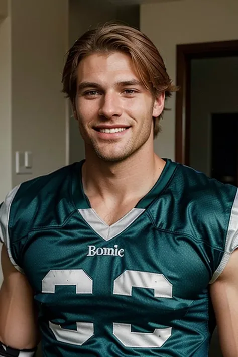 An American football player man, tall, strong, good-natured, gentle, polite, blonde with green eyes, very handsome and smiling, respectful 