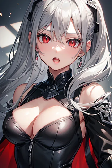 High resolution, detail, 高いdetail, Shortcuts, Gray Hair, Grey Hair, Silver Hair, Exposed breasts、Open your mouth, Red eyes, Multiview, accessories, Illustration, Anime Style, girl、Overall image、