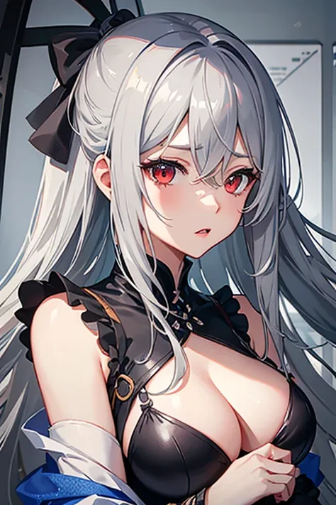 High resolution, detail, 高いdetail, Shortcuts, Gray Hair, Grey Hair, Silver Hair, Exposed breasts、Open your mouth, Red eyes, Multiview, accessories, Illustration, Anime Style, girl、Overall image、