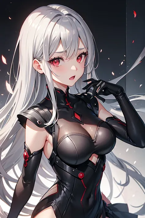 High resolution, detail, 高いdetail, Shortcuts, Gray Hair, Grey Hair, Silver Hair, Exposed breasts、Open your mouth, Red eyes, Multiview, accessories, Illustration, Anime Style, girl、Overall image、