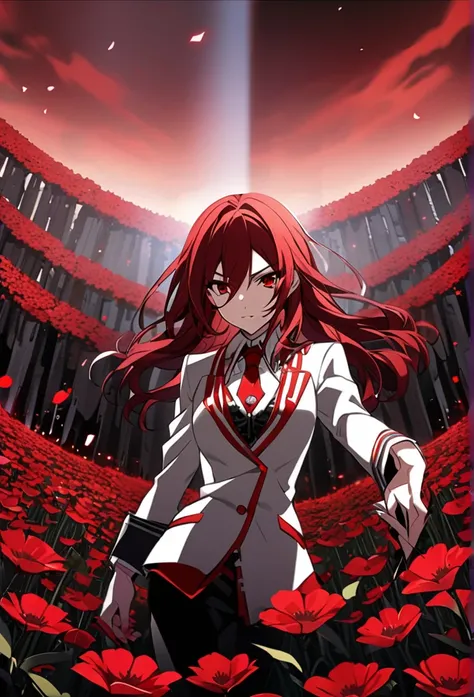 Women long wavy red hair, sexy body, suit white, black blood sword, background Red flower field, screenshot vampire knight
