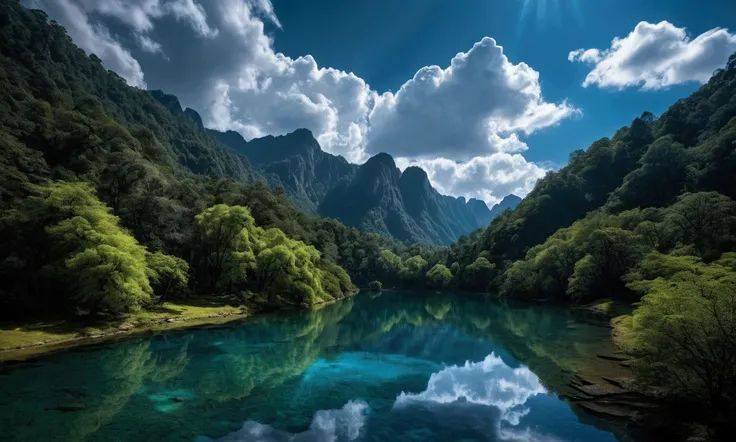 Fantasy and Magic，Moonlight shines through the clouds，Phoenix，Blue fluorescence，（Peach Forest），（mirror lake），Ultra-long viewing angle，Ultra-clealm texture，The mountains are high and the water is long，Exhibition Hall