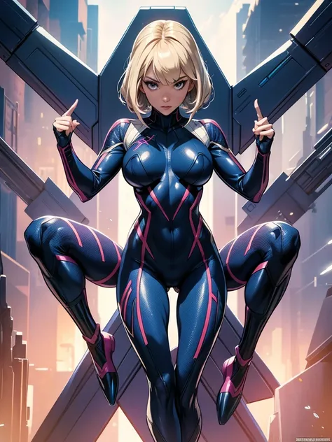 Gwen in the x-men in her new spider x-men suit,Solo, High Resolution, Masterpiece, Best Quality, High Details, High Quality, Large breasts, adult woman, character reference character sheet, x-Men logo on the suit 
￼
￼