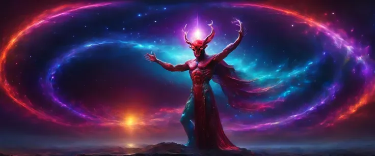 epic,masterpiece,deity, ancient being, tall, horns forming a crown, extraterrestrial, humanoid body, omnipotent, semi-naked, long violet-black and red cloaks that partially cover the body, unnatural skull for a head, fissures for eyes, bare head, the unive...