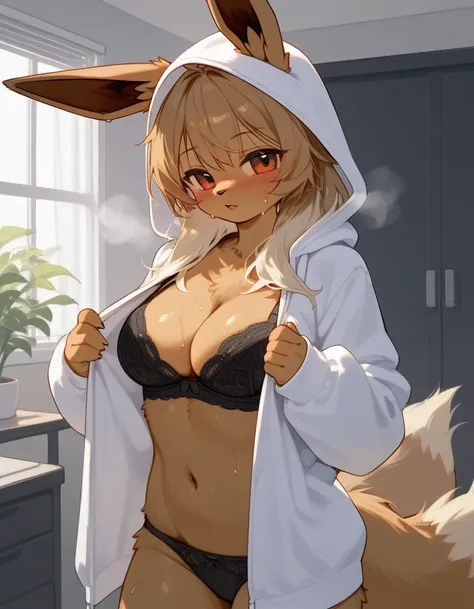 alone, score_9,score_8_up,score_7_up, anthro female eevee, black bra, black panties, lifting white hoodie, indoors, standing, sweating.