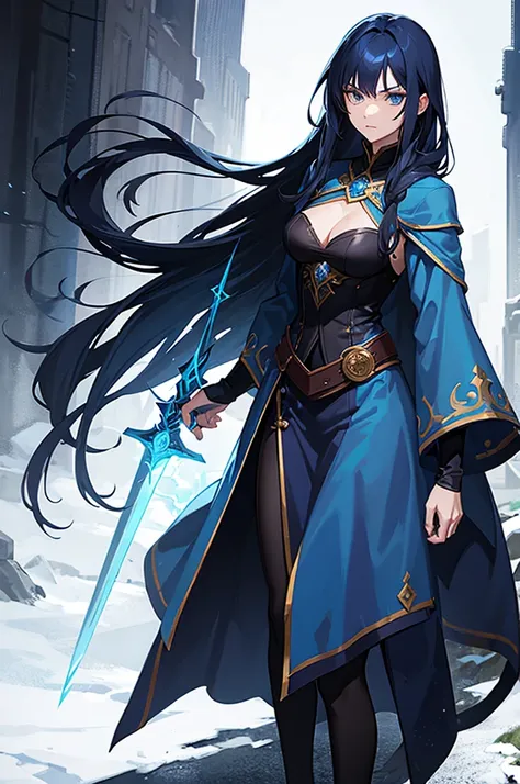 woman, mage long dark blue hair, badass magician style, blue clothes, arcanist, sword, mage hat