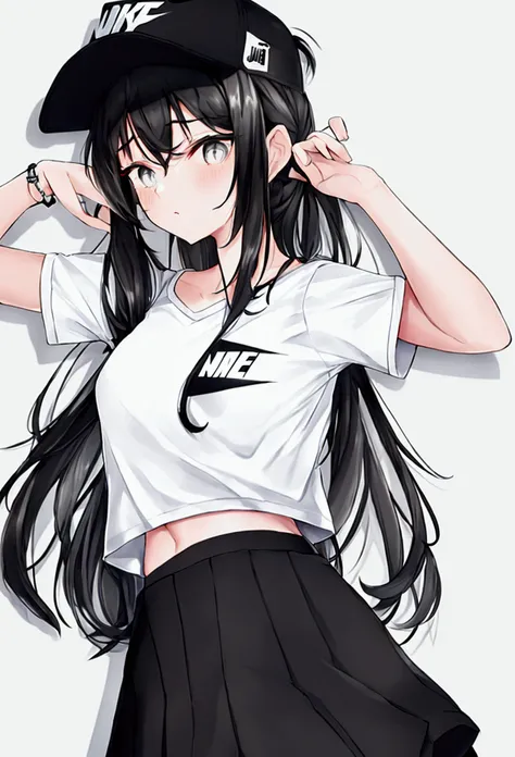 Black hair white color black Nike cap small sibulo Nike shirt black and white Nike skirt black and white sexy pose 