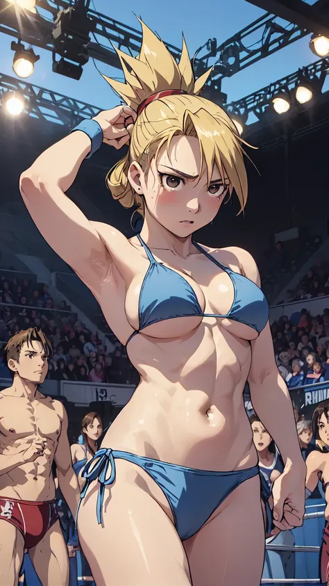 masterpiece, Highest quality, High resolution, One Girl, Hamriz, ponytail, Brown eyes,big , マイクロbikini、Cowboy Shot、Muscular body、blush、Sweat、Composition from the front、anime、(((Light blue bikini、Stand in front、audience、Shaking breasts、Boobs fully exposed、F...