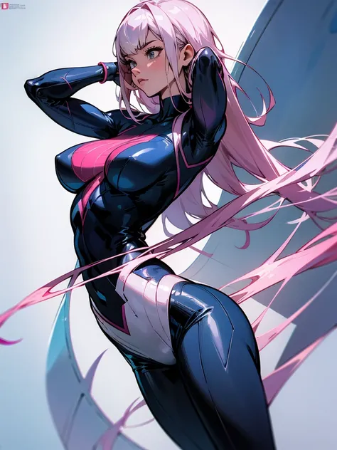 Gwen in the x-men in her new spider x-men suit,Solo, High Resolution, Masterpiece, Best Quality, High Details, High Quality, Large breasts, adult woman, character reference character sheet, x-Men logo on the suit 
￼
￼