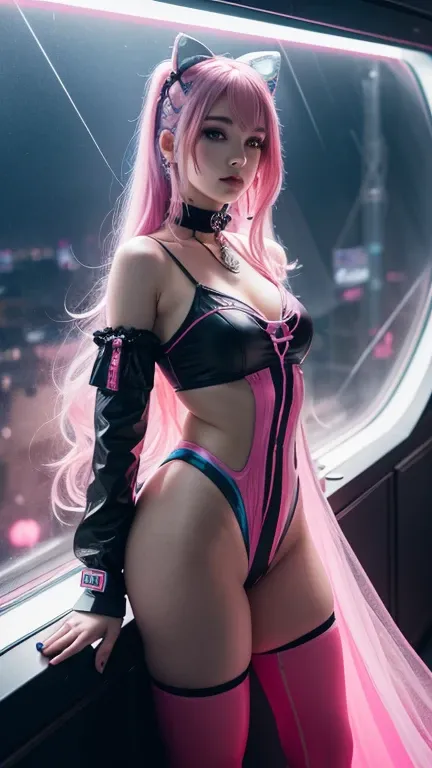 egirl as harlequin, long pink and blue hair with a choker in the background, synth wave color palette, trending on artstation, trending on CGSociety, Intricate, High detail, sharp focus, dramatic, full body shot dressed as a doa in a ship on the moon looki...