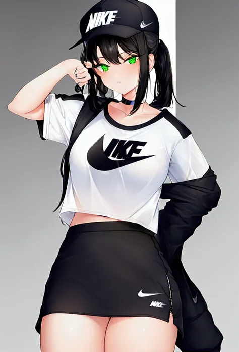 Black Nike cap black hair white color black Nike shirt white Nike logo black skirt white Nike logo sexy pose