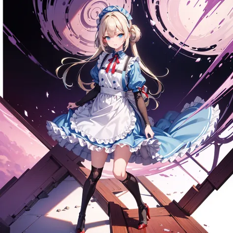 (Tabletop, Highest quality), (Perfect Anatomy:1.2), (Fine hair), Very detailed, Anime Style, whole body, alone, Fantasy Blonde Hair, Blue Eyed Girl, Apron dress like Alice in Wonderland, Playing cards with your hands, Red Hairband, Black-purple miasma swir...