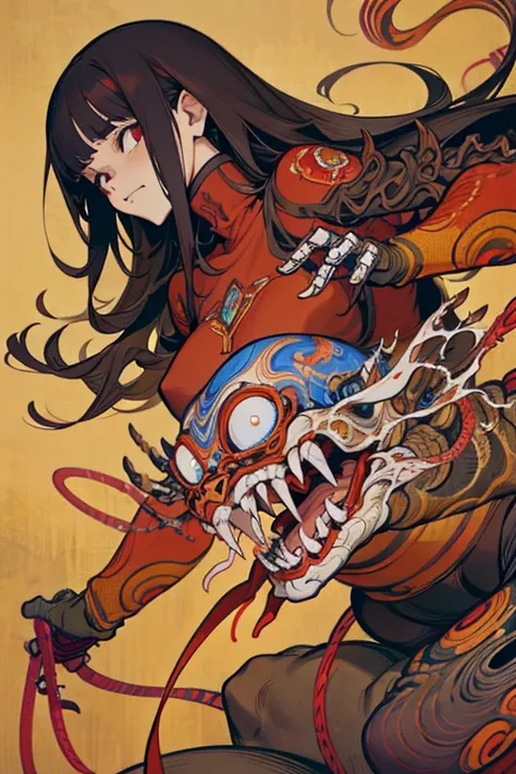 1 demonic cyborg woman , Tubes connected to the wall、Beautiful long black hair praying、Mechanical Limbs、Red turtleneck、Tight skull (Colorful ink paintings by Katsuhiro Otomo, Moebius, Victo I Katsuya Terada, Aaron Horkey )
