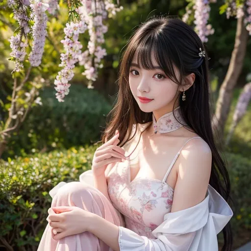 best quality, Delicate face，beautiful visual work, lifelike, eternity, black hair, Long curly hair, blunt bangs, Smile, Detailed Background, Delicate face，pink blush，cold，((masterpiece))、(top quality)、8k、high detail、Super detailed，21 years old female，Weari...