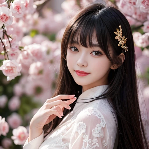 best quality, Delicate face，beautiful visual work, lifelike, eternity, black hair, Long curly hair, blunt bangs, Smile, Detailed Background, Delicate face，pink blush，cold，((masterpiece))、(top quality)、8k、high detail、Super detailed，21 years old female，Weari...