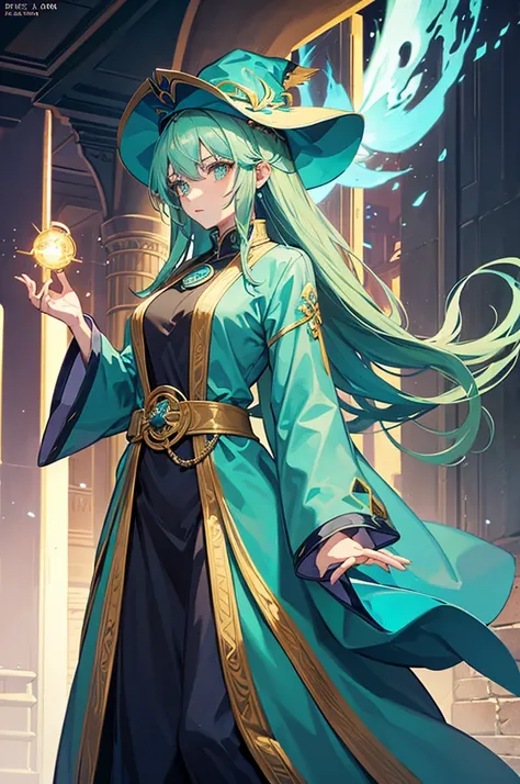 woman mage, light dark green blue hair, mage style, mage clothes, mage hat, 30 years old
