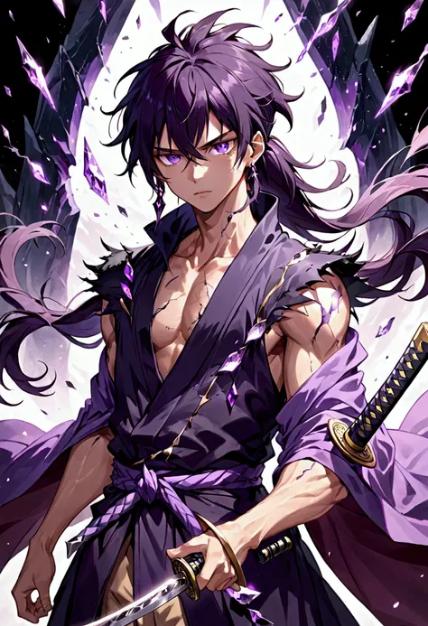 Anime style Male. long messy dark purple hair. M shaped bangs with a long messy ponytail. 4 dark purple eyes. 2 smaller eyes under main eyes. light purple skin tone. messy and ancient clothing and dark purple ripped robe. dark shattered crystal katana on h...