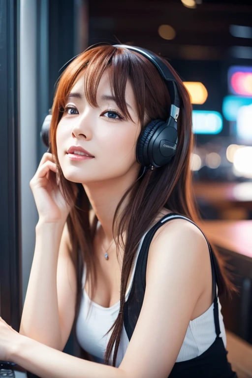 A woman in her 30s listening to music in anime style