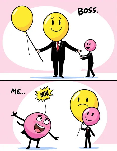 the image is a two-panel meme that humorously contrasts the behavior of a boss and an employee. in the top panel, a pink charact...