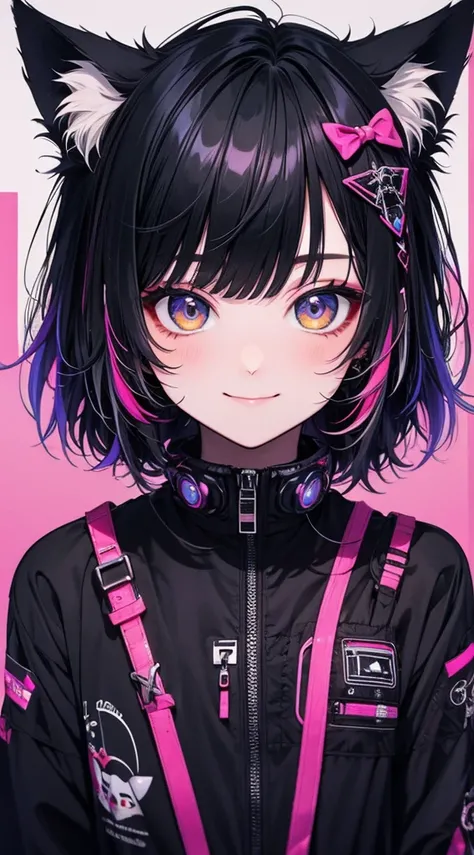 high quality,, Beautiful youth, smile, appreciate, smile, Fox Ears、cyber punk、Bob Hair, Black Hair, Inner Color, 