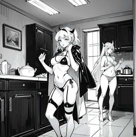 a woman in a bikini on the floor of her home with no clothes on, two women with black and white art in the background one woman has her hand up, bathing suit standing at the kitchen counter, a female character dressed in a robot suit with no panties, a gir...