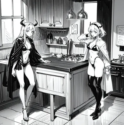 a woman in a bikini on the floor of her home with no clothes on, two women with black and white art in the background one woman has her hand up, bathing suit standing at the kitchen counter, a female character dressed in a robot suit with no panties, a gir...