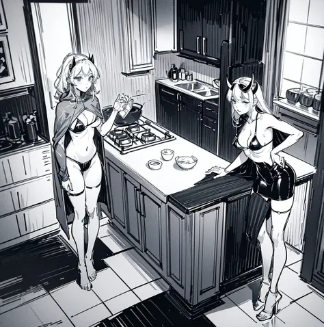 a woman in a bikini on the floor of her home with no clothes on, two women with black and white art in the background one woman has her hand up, bathing suit standing at the kitchen counter, a female character dressed in a robot suit with no panties, a gir...