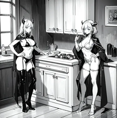 a woman in a bikini on the floor of her home with no clothes on, two women with black and white art in the background one woman has her hand up, bathing suit standing at the kitchen counter, a female character dressed in a robot suit with no panties, a gir...