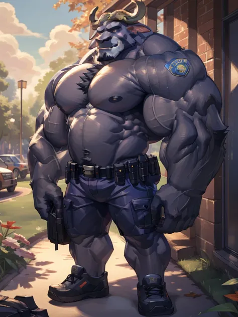 Solo, 1boy, perfect anatomy, perfect proportion, (chief bogo, police shorts, park), topless, Shirtless, perfect center, sharp eyes, big eyes, peaceful, eyes, (smile, happiness), calm, perfect fingers, big hand, fingers. Huge Muscular Old man with short hai...