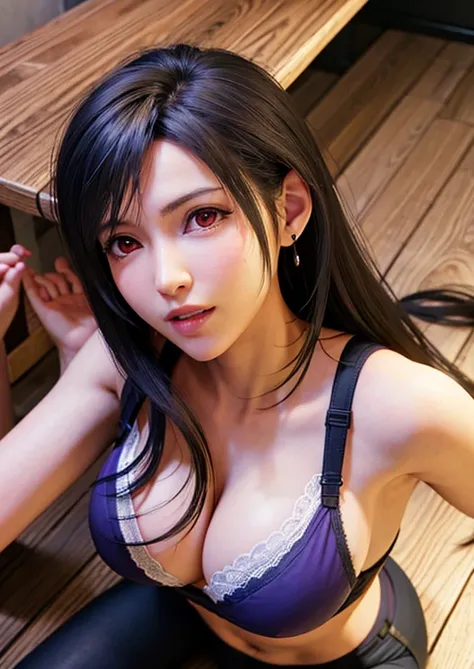 FF7,Tifa,Lie down on the bar counter,Looking at this,Looking at the camera,From above,Purple Lingerie,Black hair,Long Hair,Tie it under your hair,Beautiful image quality 32K,Sleep on your back,Spread your legs,Thin fabric underwear,Big Breasts,Red Eyes,Org...