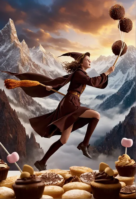 a surreal photo of a Quidditch game, a beautiful, mischievous witch flying on a broomstick through a pastry shop among mountains of chocolate and marshmallows