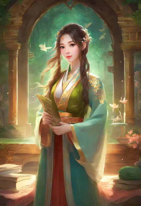 best quality,masterpiece,Ultra-high resolution,(photoactual:1.4),Chinese animation,Antique study room,a beautiful,Elegant,,Wise Girl,Bright eyes,Long hair in a single ponytail（green）,Wearing Confucian robes,holding book in hand