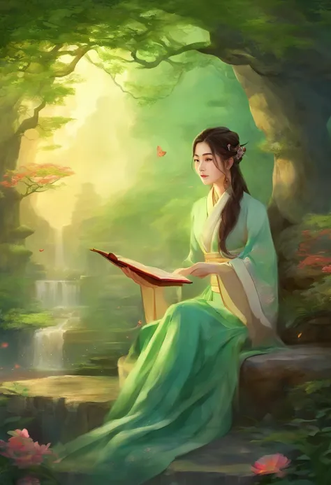 best quality,masterpiece,Ultra-high resolution,(photoactual:1.4),Chinese animation,Antique study room,a beautiful,Elegant,,Wise Girl,Bright eyes,Long hair in a single ponytail（green）,Wearing Confucian robes,holding book in hand